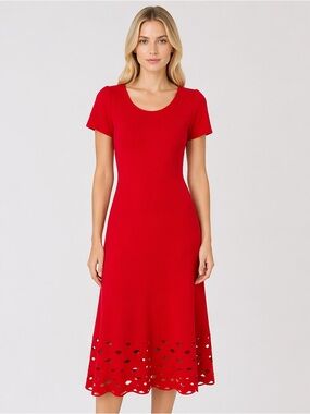 St. John Red Illusion Cutout Sweater A-Line Midi Dress Geranium Size 8, NEW!